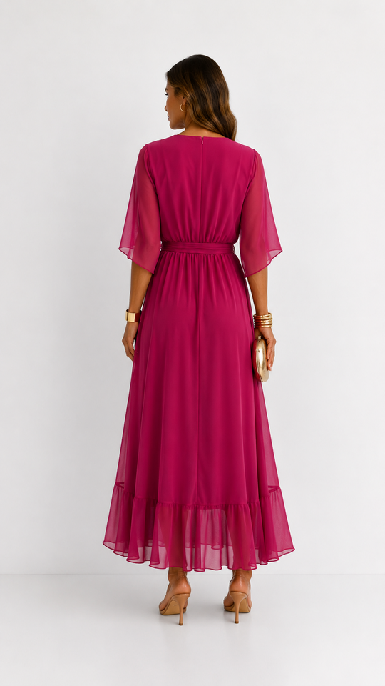 Women's V-Neck Tie Waist High Low Midi Dress