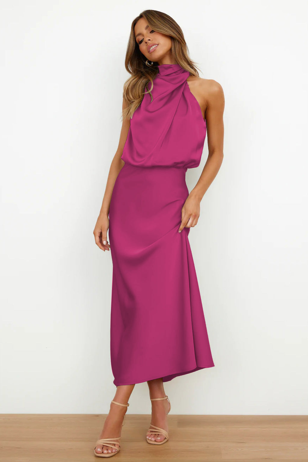Women's Halter Neck Maxi Dress with Draped Bodice