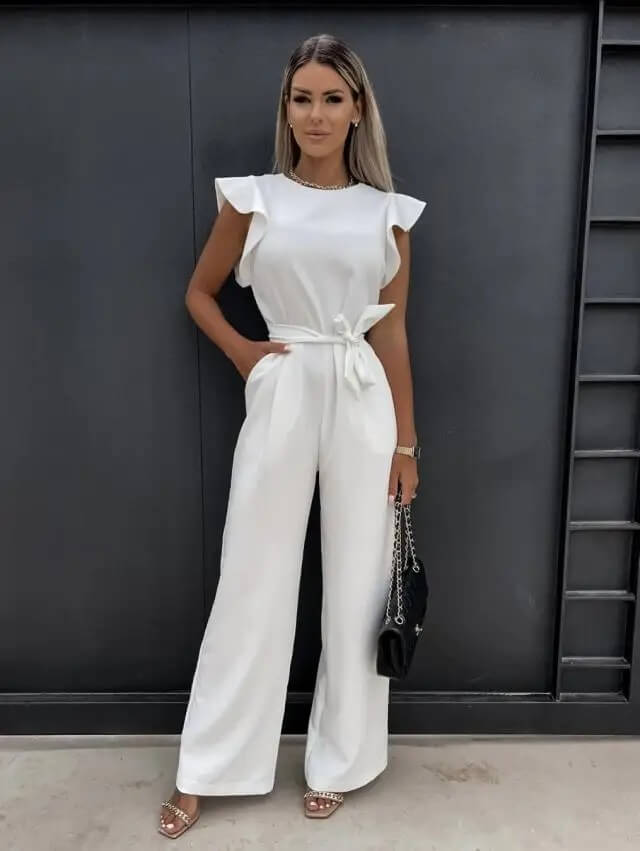 Women's Elegant Ruffle Sleeve Belted Wide-Leg Jumpsuit