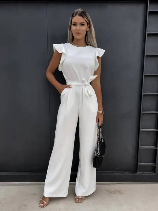 Women's Elegant Ruffle Sleeve Belted Wide-Leg Jumpsuit