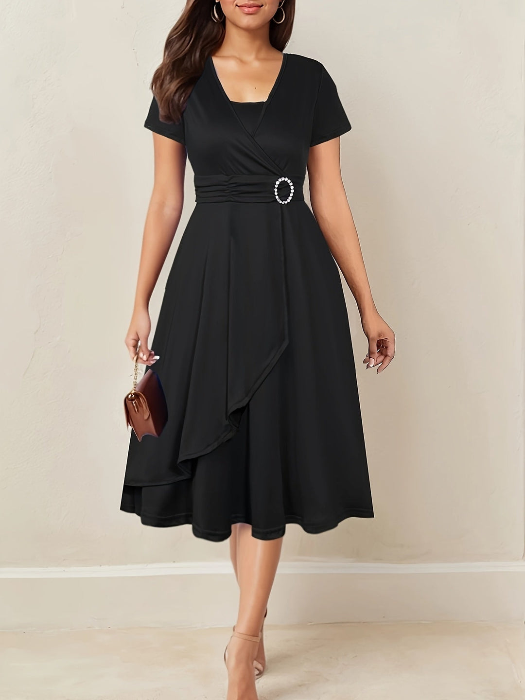 Women's Wrap Midi Dress with Decorative Waist Buckle