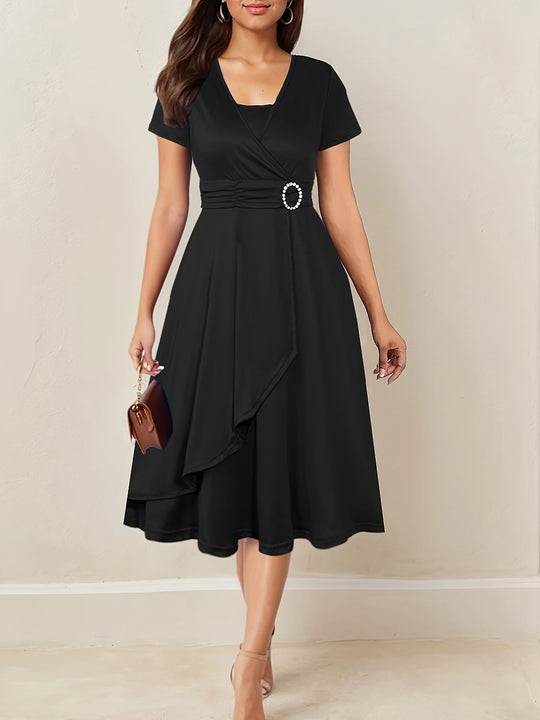 Women's Wrap Midi Dress with Decorative Waist Buckle