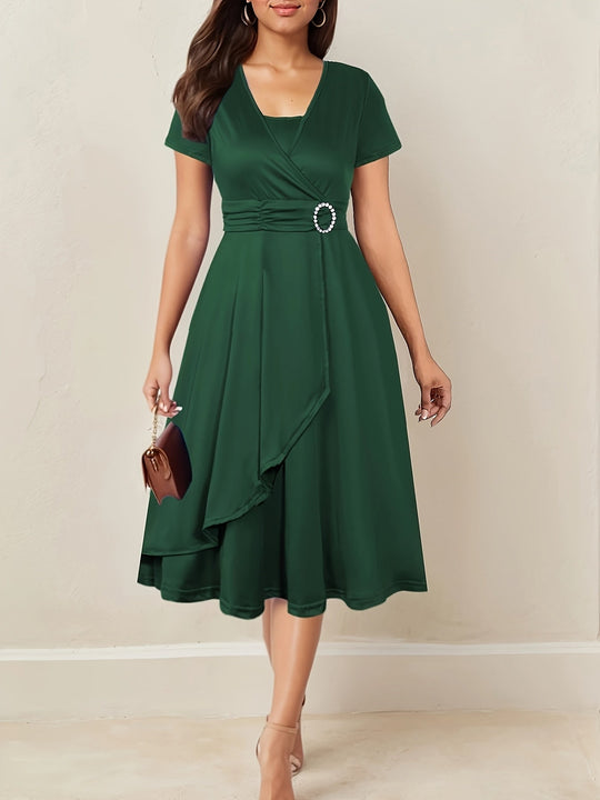 Women's Wrap Midi Dress with Decorative Waist Buckle
