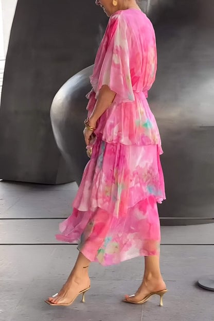 Women's Watercolor Printed Layered Chiffon Maxi Dress