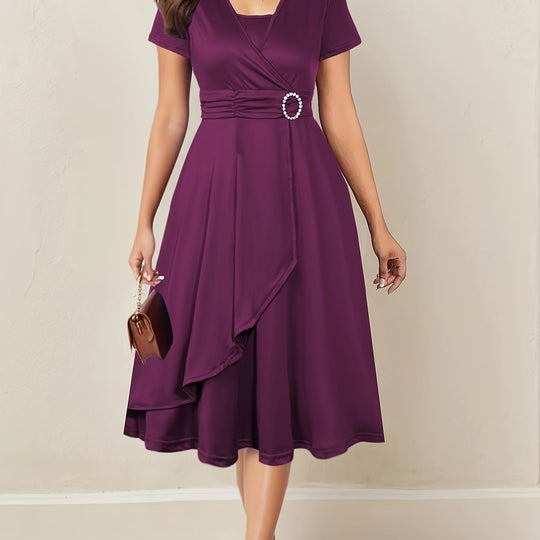 Women's Wrap Midi Dress with Decorative Waist Buckle