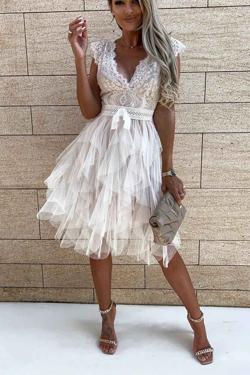 Women's Floral Lace Tiered Tulle Mini Dress