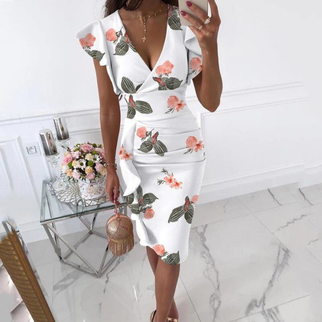 Women's Ruffle Trim Wrap Midi Occasion Dress