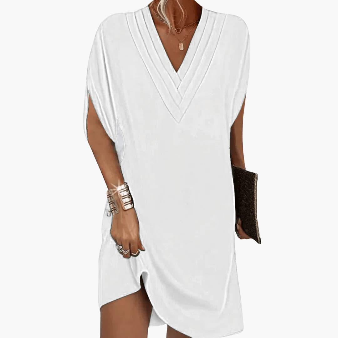 Women's Relaxed V-Neck Shift Dress with Draped Sleeves