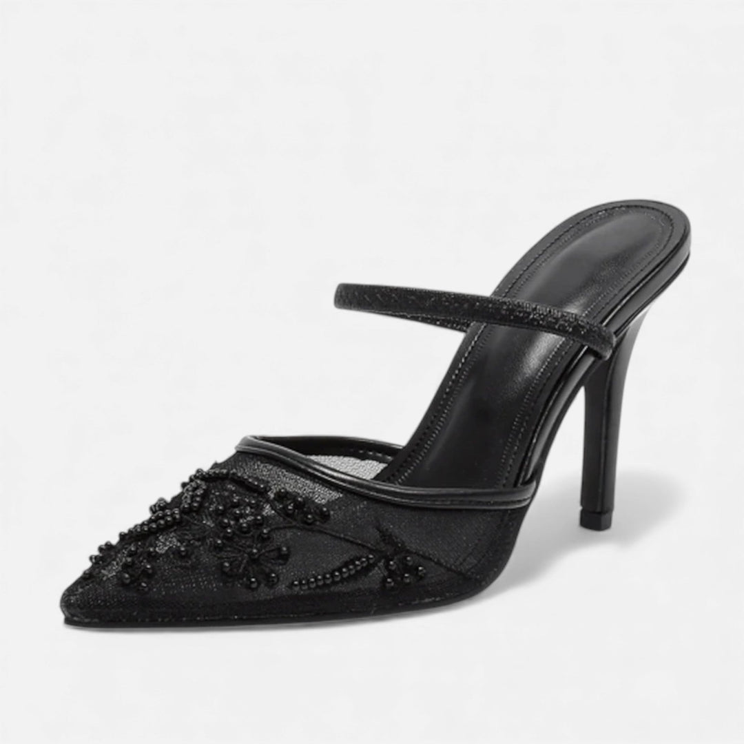 Women's Embroidered Mesh Pointed Toe Stiletto Mules