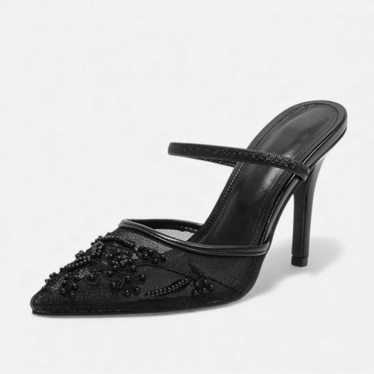 Women's Embroidered Mesh Pointed Toe Stiletto Mules