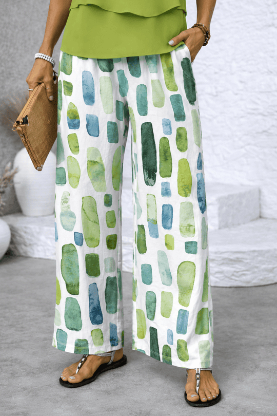 Women's Sleeveless Layered Top and Printed Wide Leg Pants Set