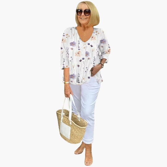 Women's Relaxed Button-Front Printed Blouse with 3/4 Sleeves
