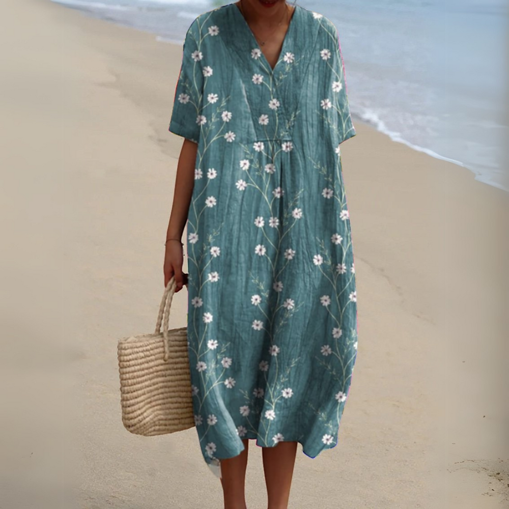 Women's Printed Cotton Linen Cocoon Midi Dress