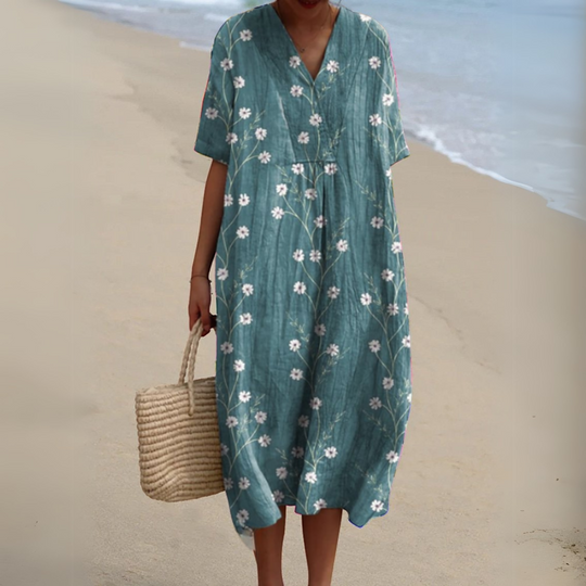 Women's Printed Cotton Linen Cocoon Midi Dress