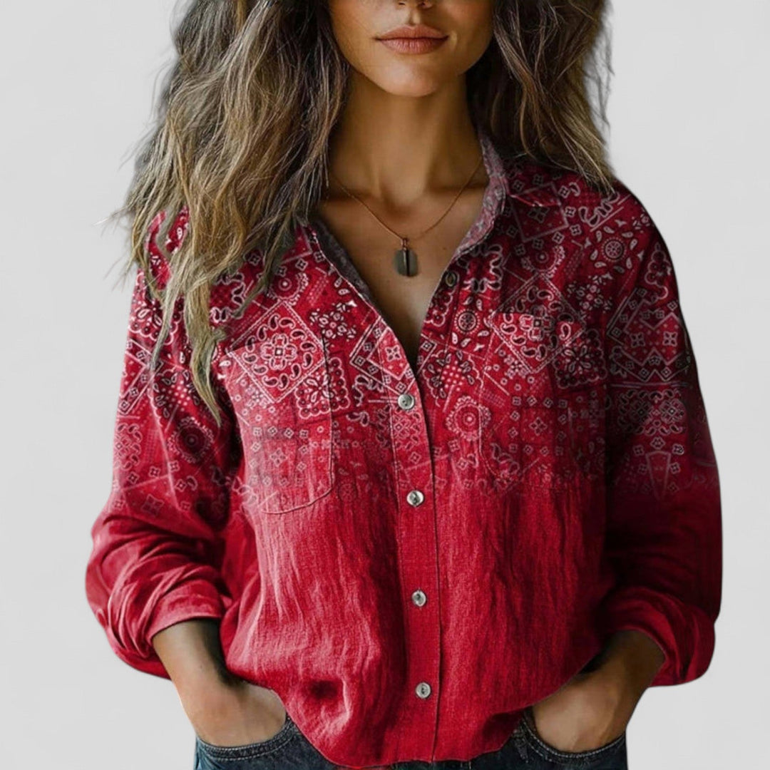 Damen Vintage Boho Bluse mit Knopfleiste und Print