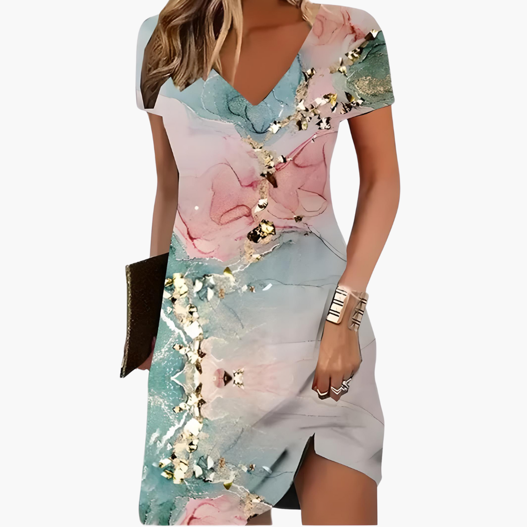 Women's Artistic Printed V-Neck Dress with Relaxed Fit