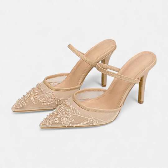 Women's Embroidered Mesh Pointed Toe Stiletto Mules