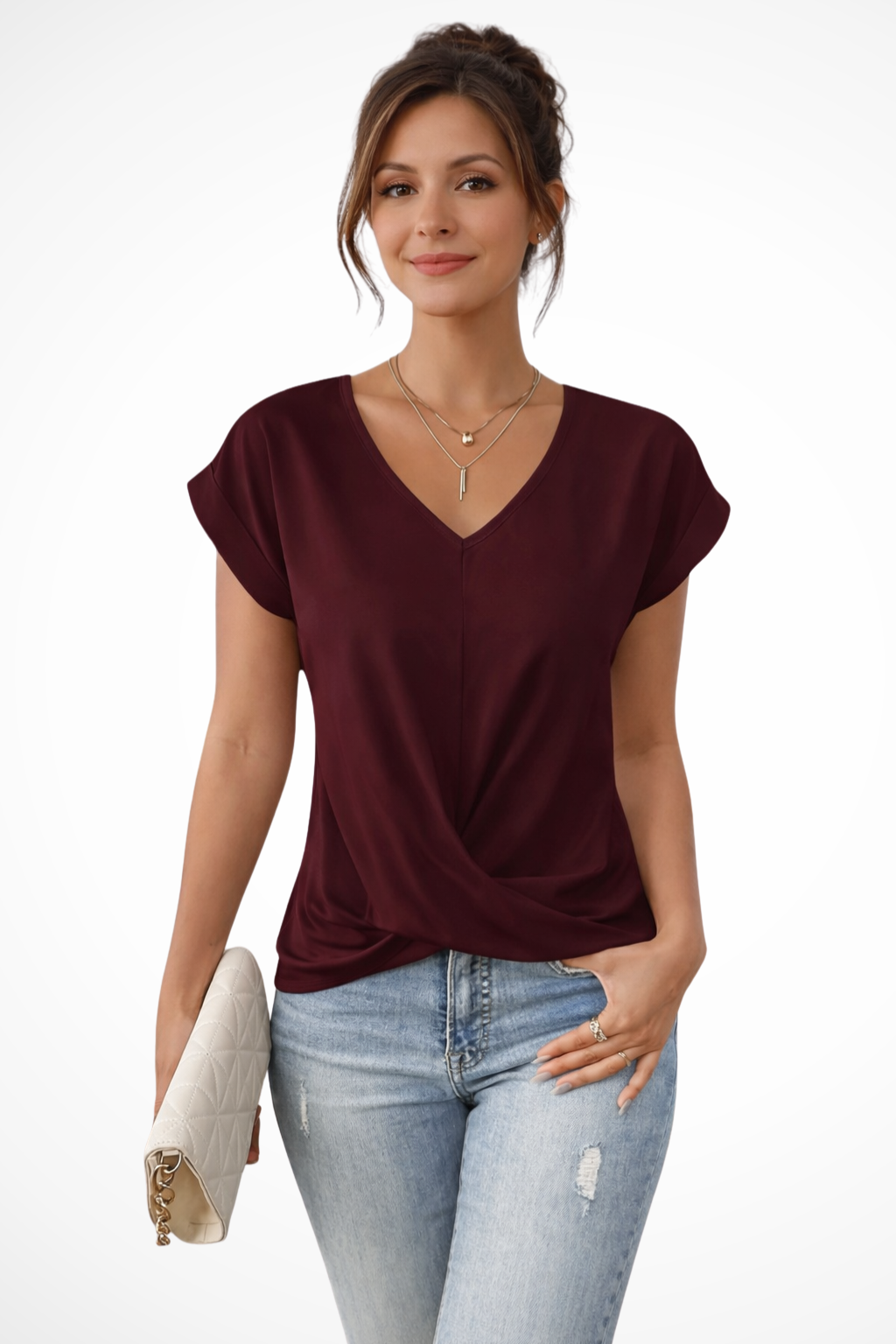 Damenbluse aus Satin mit gedrehtem Saum und V-Ausschnitt