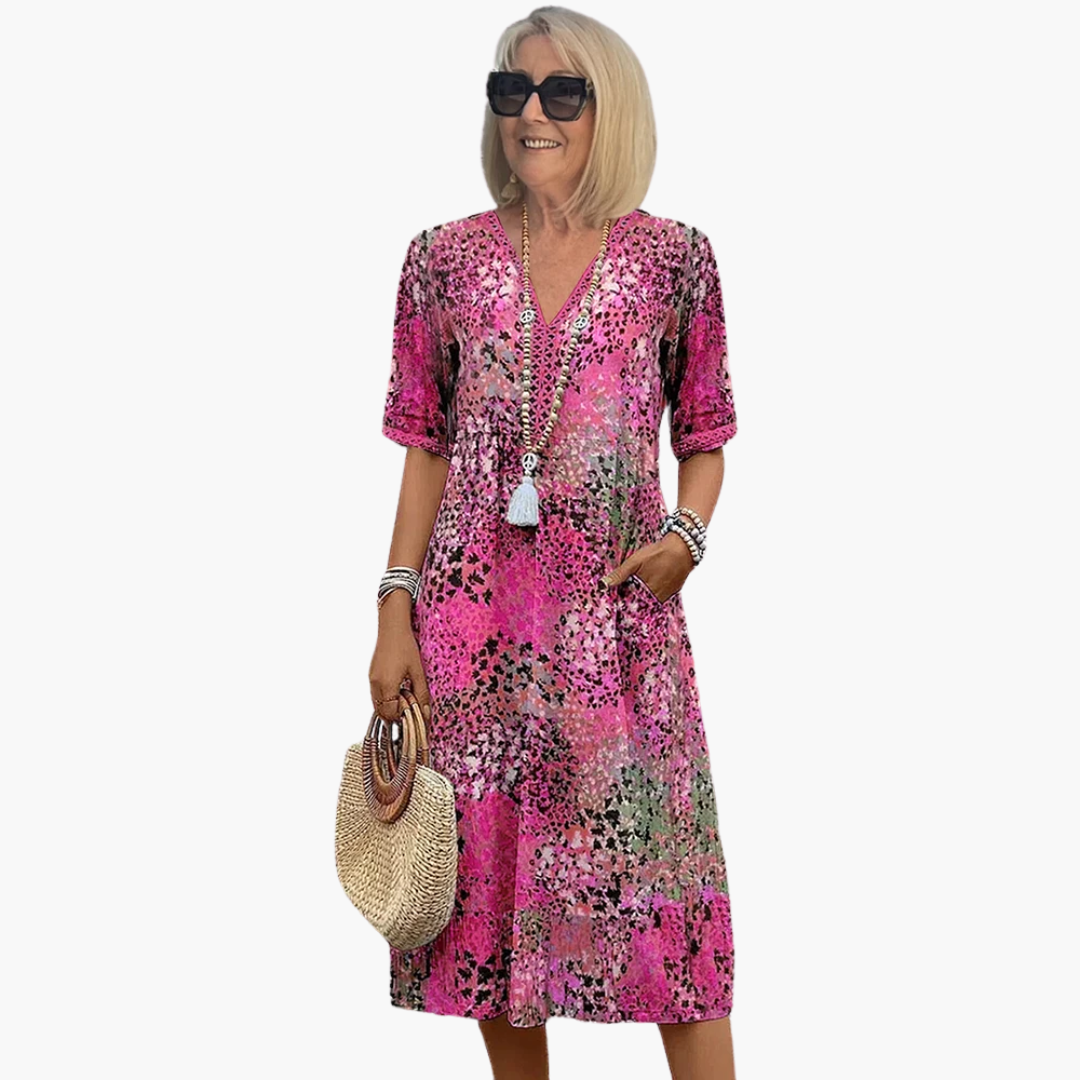 Women's Artistic Printed Midi Dress with Lace Trim and Pockets