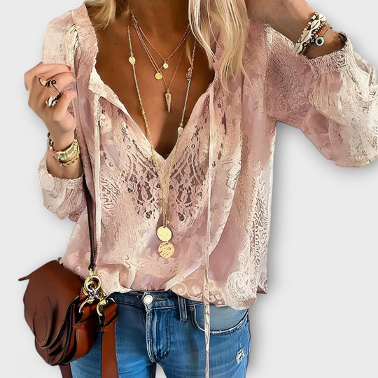 Women's Bohemian Printed Tie-Neck Blouse