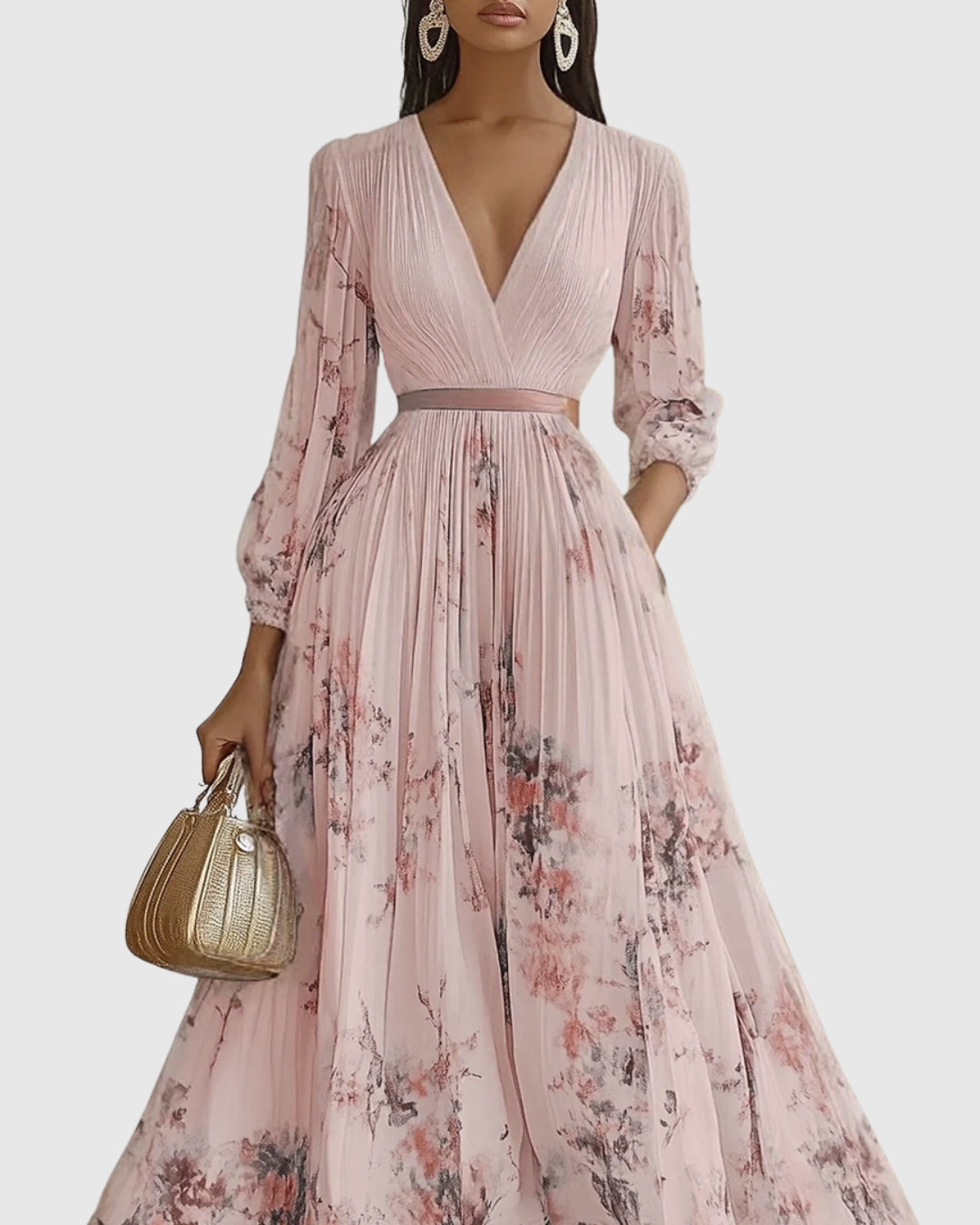 Women's Romantic Floral Pleated Maxi Dress with Deep V-Neck