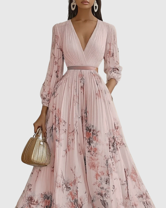 Women's Romantic Floral Pleated Maxi Dress with Deep V-Neck