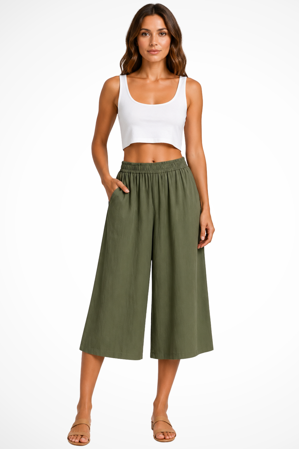 Damen Culotte-Hose mit weitem Bein und Taschen, gekürzt