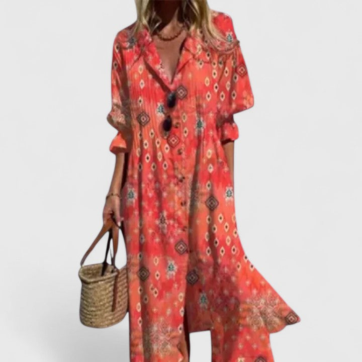 Women's Printed Button Front Flowing Midi Shirt Dress