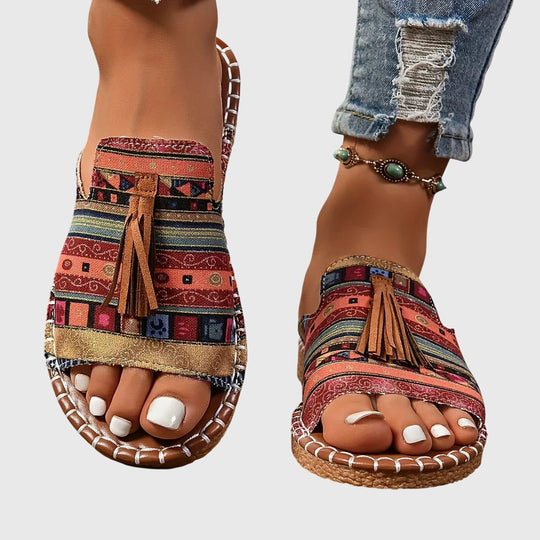 Women's Bohemian Tassel Slide Sandals with Tribal Print