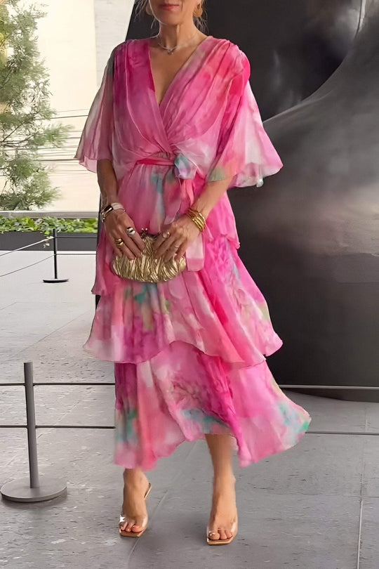 Women's Watercolor Printed Layered Chiffon Maxi Dress
