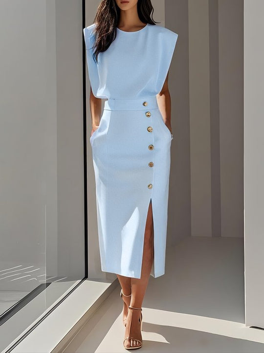 Elegantes ärmelloses Damenblusen- und Midirock-Set mit Knopfdetail