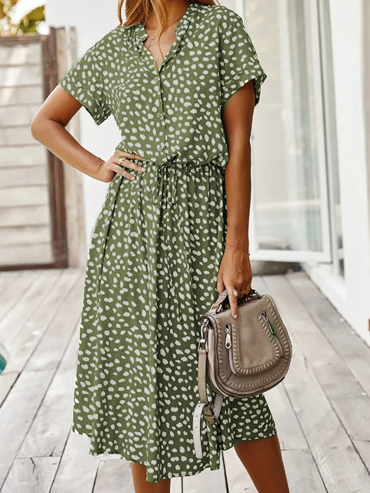 Women's Printed Tie Waist Midi Dress