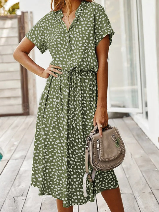 Women's Printed Tie Waist Midi Dress