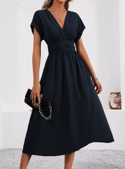 Women's V-Neck Midi Dress with Smocked Waist