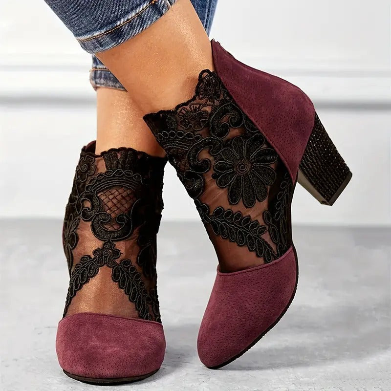 Damen Stiefeletten mit floralem Spitzen-Mesh und Blockabsatz
