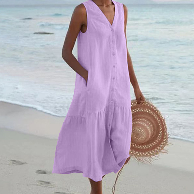 Women's Sleeveless Button-Front Linen Midi Dress