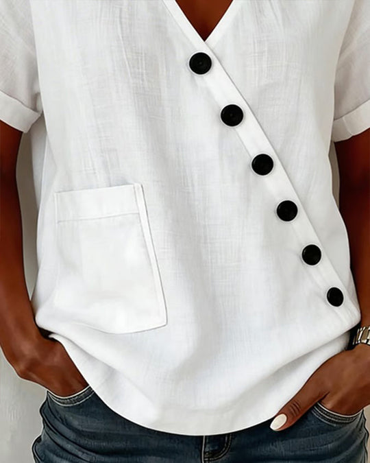 Damen Asymmetrische Bluse mit V-Ausschnitt und Knöpfen, leger
