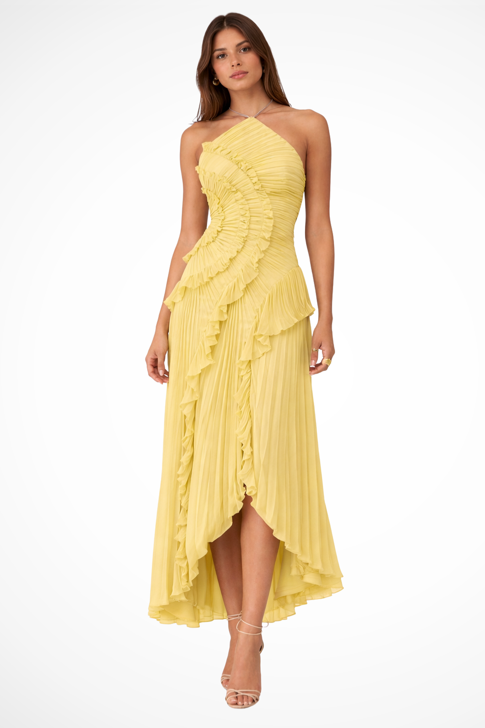 Women's Pleated Ruffle Halter High-Low Evening Dress