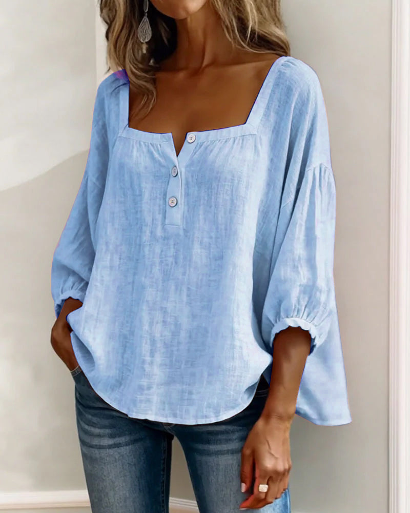 Women's Relaxed Square-Neck Button Detail Blouse
