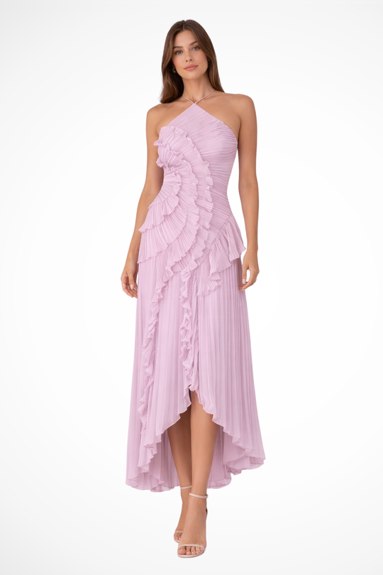 Women's Pleated Ruffle Halter High-Low Evening Dress