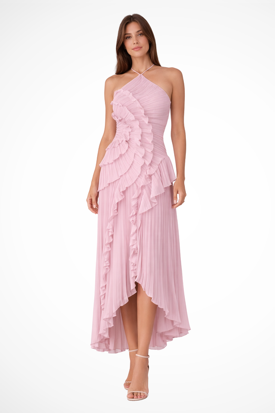 Women's Pleated Ruffle Halter High-Low Evening Dress