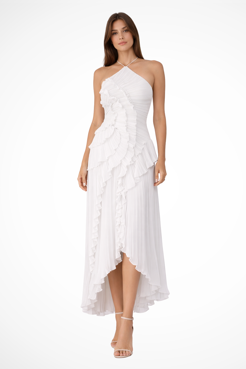 Women's Pleated Ruffle Halter High-Low Evening Dress