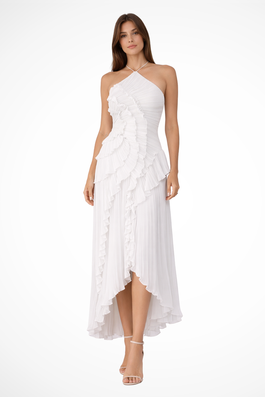 Women's Pleated Ruffle Halter High-Low Evening Dress