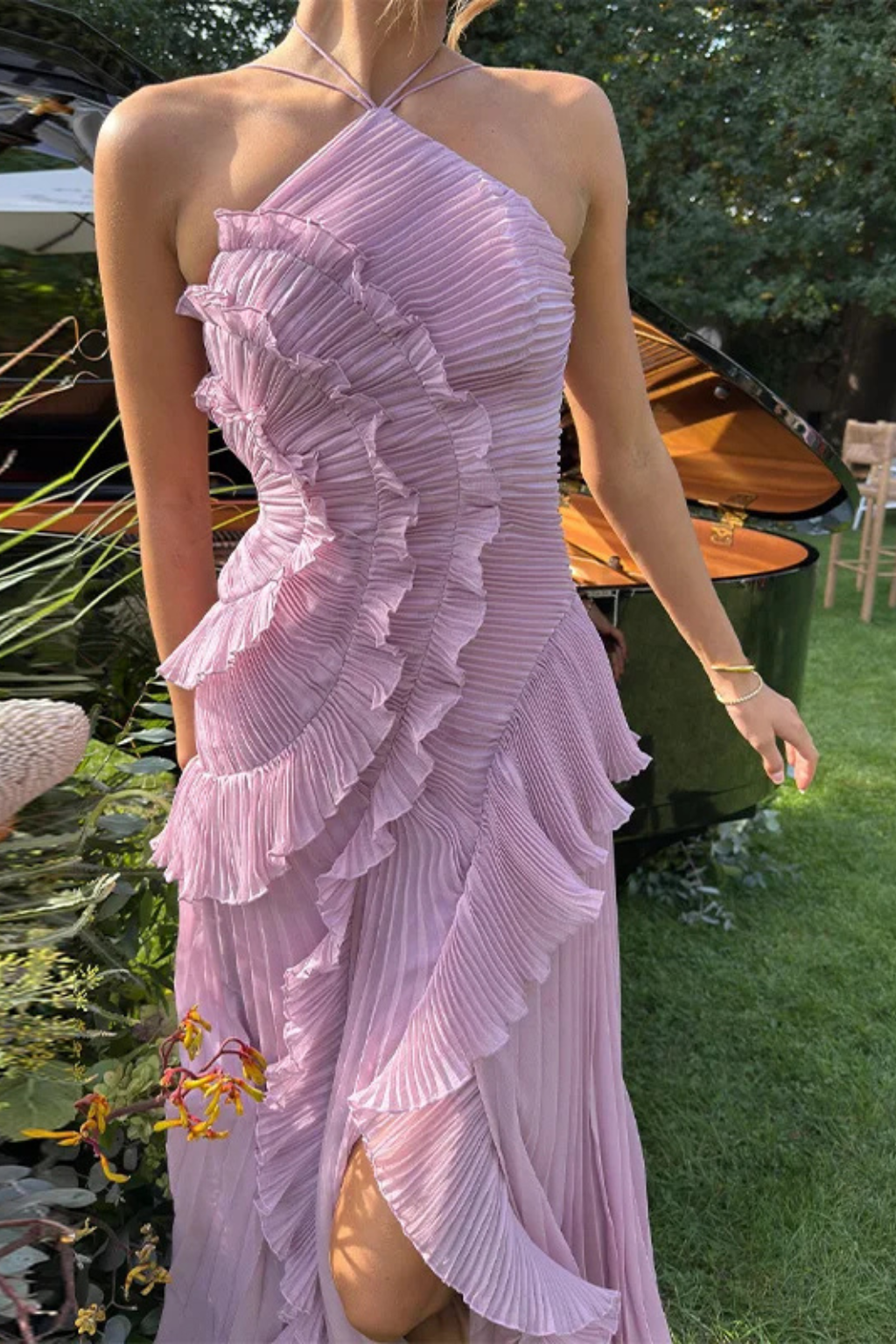 Women's Pleated Ruffle Halter High-Low Evening Dress