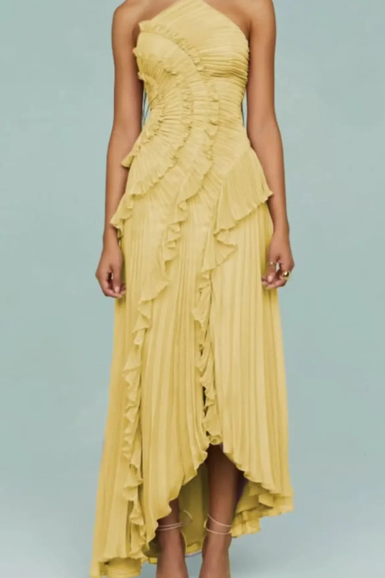 Women's Pleated Ruffle Halter High-Low Evening Dress