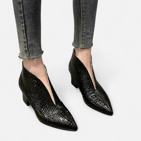 Women's Croc-Embossed Pointed-Toe Block Heel Ankle Boots