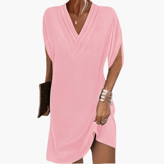 Women's Relaxed V-Neck Shift Dress with Draped Sleeves