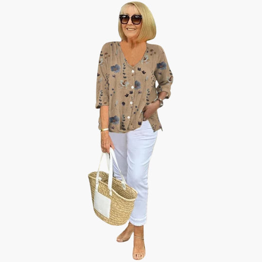 Women's Relaxed Button-Front Printed Blouse with 3/4 Sleeves