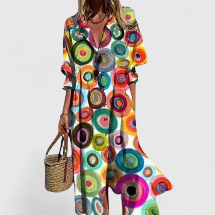 Women's Printed Button Front Flowing Midi Shirt Dress