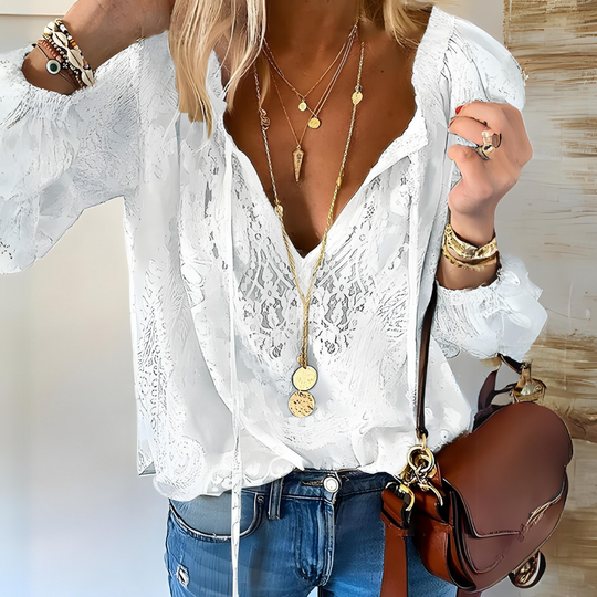 Women's Bohemian Floral Lace V-Neck Blouse